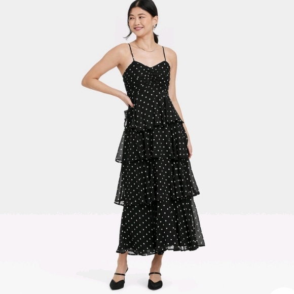 Women's Tiered Ruffle Maxi A-Line Dress - A New Day Black/White Polka Dots L - Picture 1 of 15